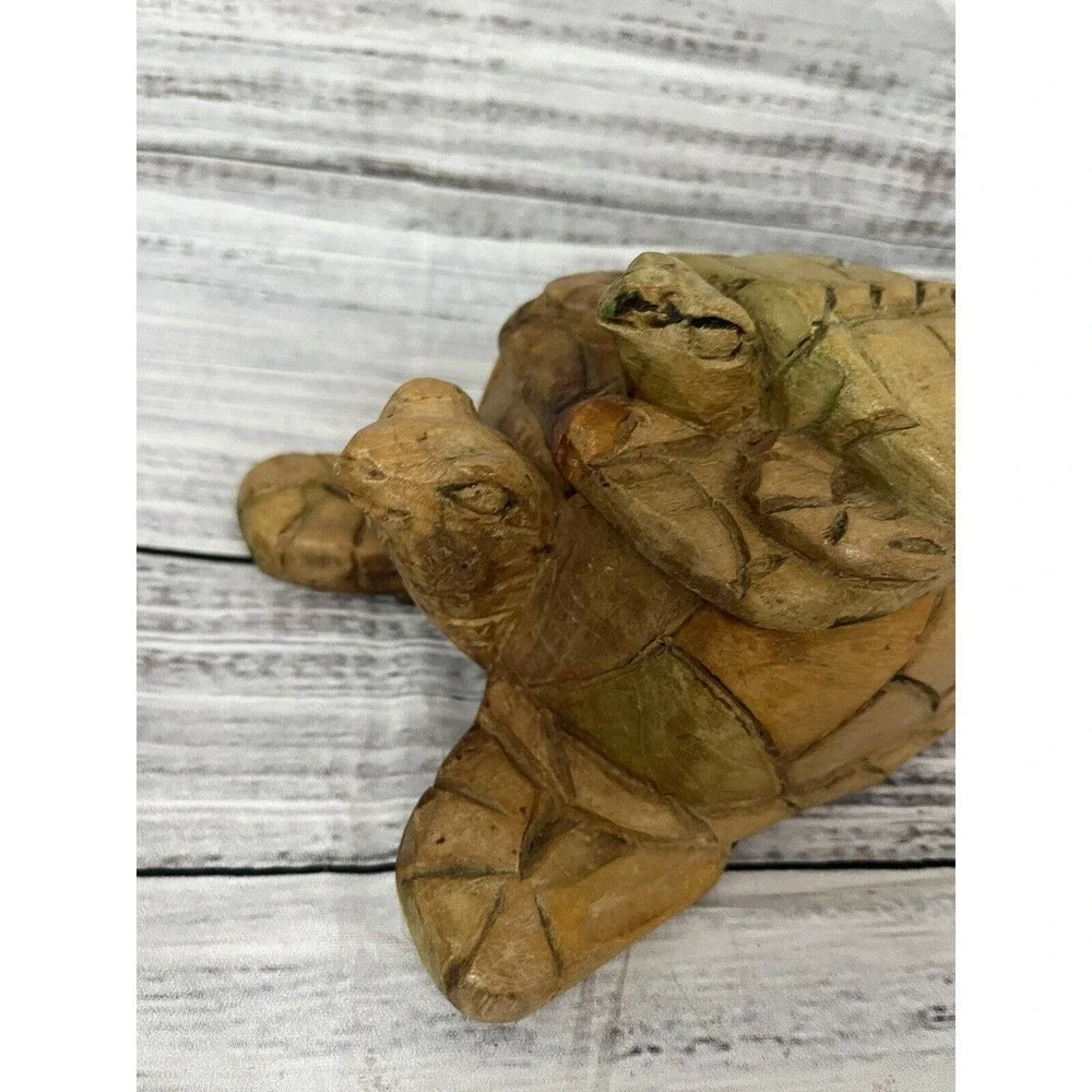 Hand Carved Crafted Wooden Sea Turtle Mom Carrying Baby 2pc Box with Lid Art